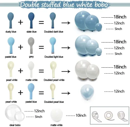 Vista 3 de Guirnalda de globos azul empolvado y blancos, kit de arco de globos Bobo de perlas azul claro con doble relleno para cumpleaños, baby shower, boda