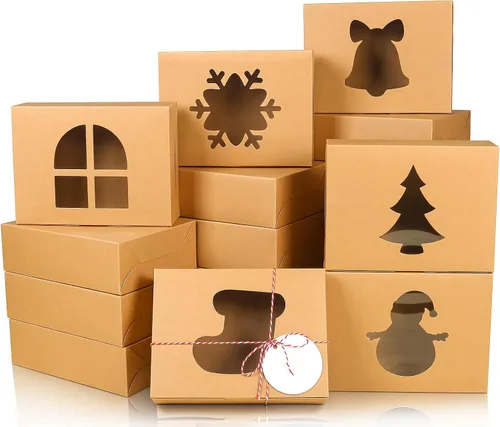 Vista 17 de COTOPHER 18 cajas de galletas de Navidad con ventana, 10 x 10 x 2.5 pulgadas, cajas de panadería marrones para regalo, cajas de postre de papel