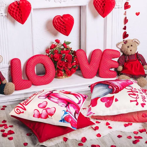Vista 7 de Fundas de almohada de San Valentín, fundas de almohada de San Valentín de 17 x 17 pulgadas, juego de 4 corazones, camión, boda, decoración para sofá