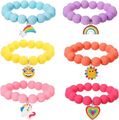 Vista 9 de PinkSheep Pulsera con colgante de cuentas de unicornio para niños y niñas, 6 unidades, arcoíris, monstruo, sol, flor, corazón, meteorito, amuleto