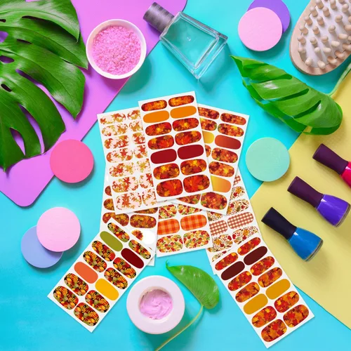 Vista 5 de 8 hojas de esmalte de uñas de otoño para mujer, hojas de arce, tiras de esmalte de uñas de gel, autoadhesivas, manicura con lima y palito para Otoño