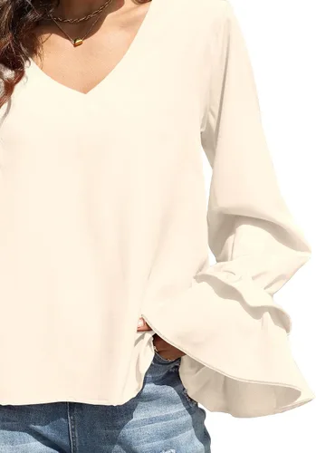 Vista 7 de LYANER Blusa casual de manga larga con cuello en V y volantes para mujer