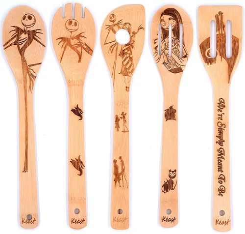 Vista 2 de Keast Juego de 5 cucharas de espátula de bambú, espátulas y cucharas antiadherentes de Pesadilla y Navidad, decoración de Navidad, juego