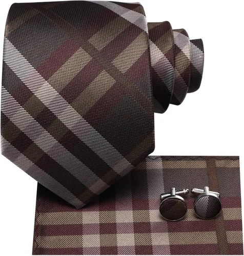 Vista 334 de Hi-Tie Corbata clásica de cachemira para hombre con pañuelo y gemelos a cuadros