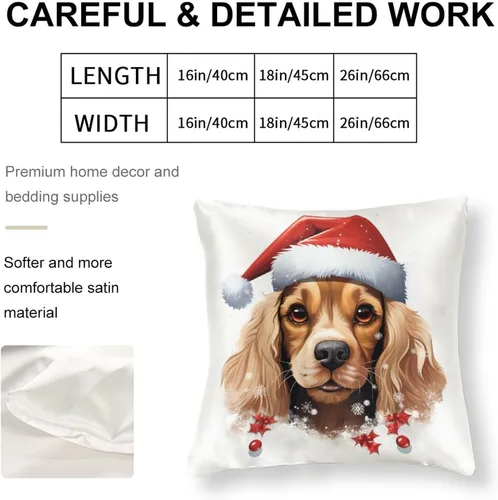 Vista 2 de Divertidas fundas de almohada de satén de Navidad con diseño de perro y cocker spaniel con gorro de Papá Noel, copos de nieve, decoración