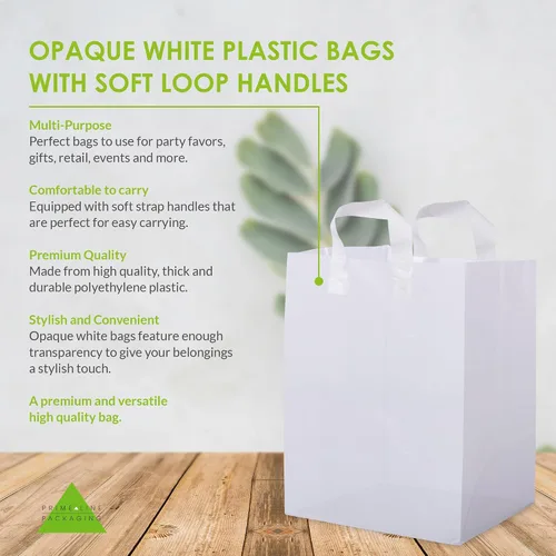 Vista 3 de Bolsas de plástico blancas Prime Line Packaging, bolsas de regalo para compras con asas para pequeñas empresas, comestibles, servicio de alimentos