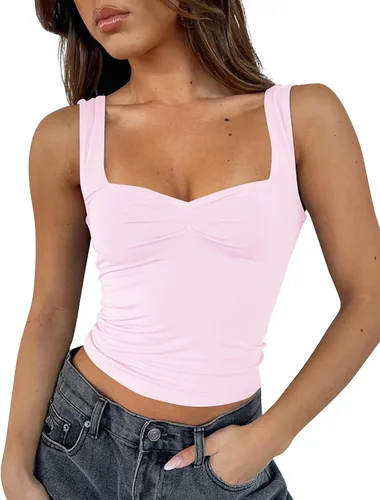 Vista 2 de KIGRAD Y2K - Camiseta corta sin mangas con cuello corazón para mujer, plisada, sin espalda, para verano, para salir
