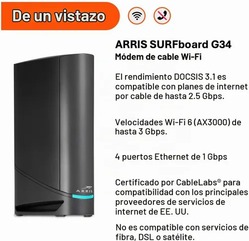 Vista 4 de ARRIS Surfboard G34 DOCSIS 3.1 Cable módem y enrutador Wi-Fi 6 AX3000