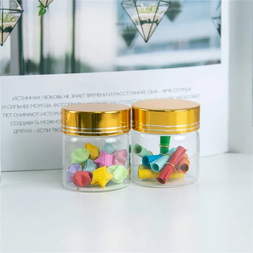 Vista 4 de 6 botellas de vidrio transparente de 1.7 fl oz con tapa de aluminio dorado, adecuadas para recepción de cocina, azafrán, té, almacenamiento
