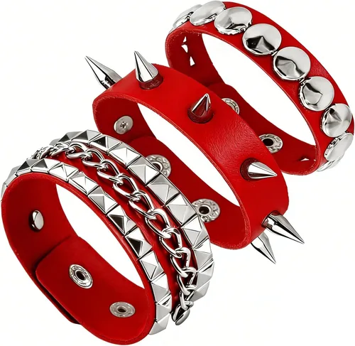 Vista 8 de 3PCS Leather Bracelets Set Studded Wrap Wrist Cuffs Punk Rock Y2K Emo Wide Wristband Accessories for Teens Women Men