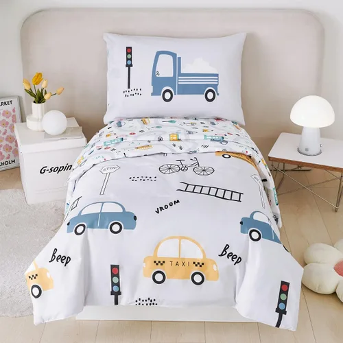 Vista 18 de PERFEMET Juego de cama de 4 piezas para niños pequeños con edredón de autos para niños, reversible, ligero, vehículos azules, juego de cama