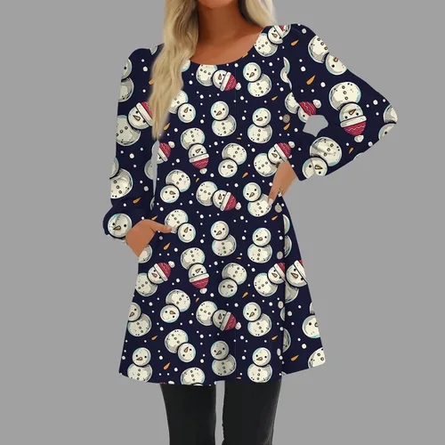 Vista 2 de ZPWSHI Fashion Women Round Neck Christmas Printing Button Long Sleeve Casual Loose Dress