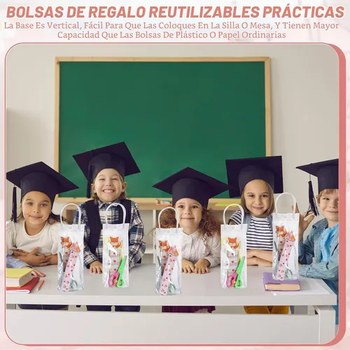 Vista 5 de LEIFIDE 50 bolsas de regalo de plástico transparente con asas, de PVC, reutilizables, transparentes, bolsas para dulces, escuela, fiesta