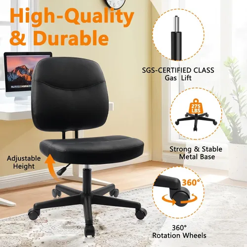 Vista 5 de CLATINA Silla de oficina en casa sin brazos, pequeña silla ergonómica de piel sintética con respaldo bajo con soporte lumbar y ruedas, altura