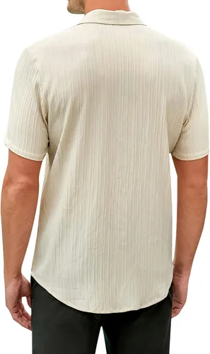 Vista 3 de TURETRENDY Camisas de lino para hombre de manga corta con botones para playa