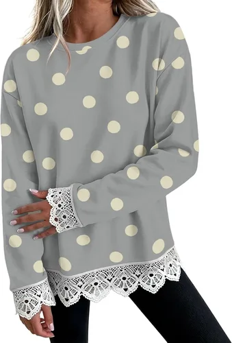 Vista 25 de Fall Sweatshirts for Women Crewneck Scalloped Lace Trim Cute Pullover Tops Lightweight Long Sleeve Polka Dot Sweatshirt,Oversized Leopard Print A