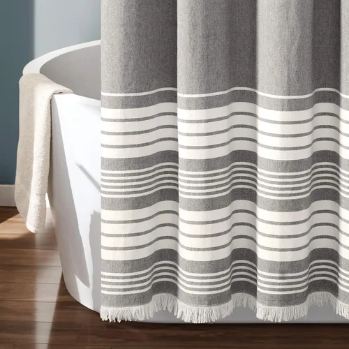 Vista 3 de Lush Decor - Cortina de regadera de borlas de algodón teñido en hilado Nantucket, 72" de ancho x 72" de largo, gris - Cortinas de regadera grises