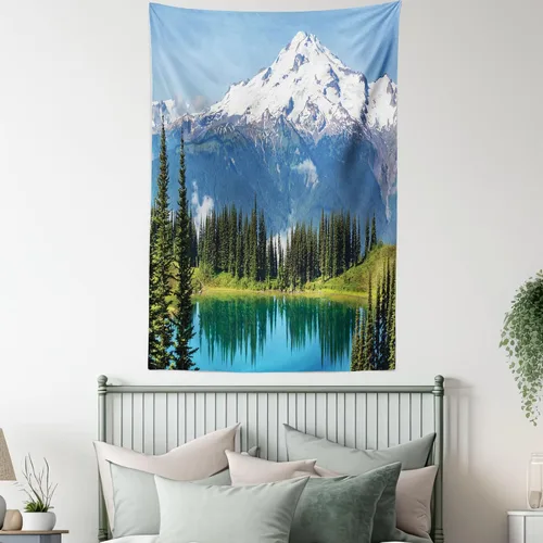 Vista 5 de Ambesonne Tapiz de paisaje, lago y pico glaciar nevado en Estados Unidos, ilustración de bosque de pinos altos, colgante de pared para dormitorio