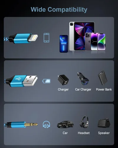 Vista 7 de Cable auxiliar para iPhone para automóvil, cable auxiliar Lightning a 0.138 in, cable auxiliar 2 en 1 de audio y carga para el hogar, altavoz