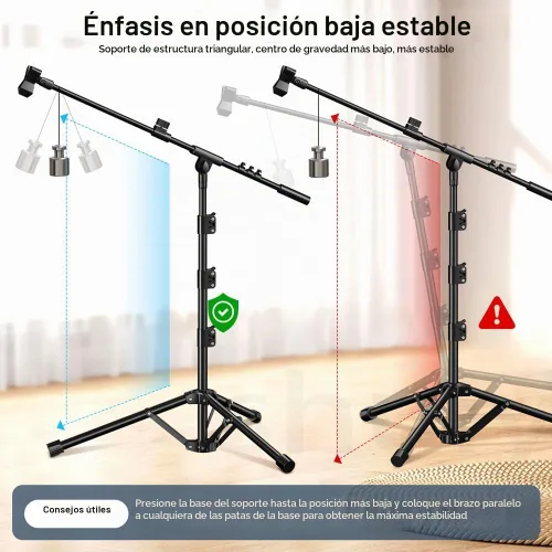 Vista 8 de Soporte de micrófono, brazo de boom trípode de altura ajustable de alta resistencia con bolsa de transporte, 2 clips de micrófono, adaptador de 3/8