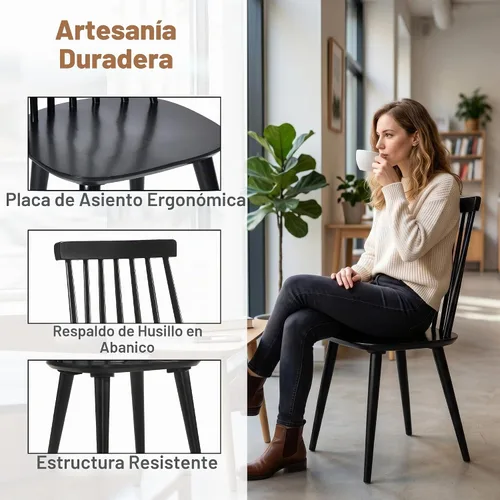 Vista 5 de DUHOME Juego de 2 Sillas de Comedor de Madera Silla de Comedor Husillo Negro Lateral Cocina Habitación Sillas de Granja Campestre Negro