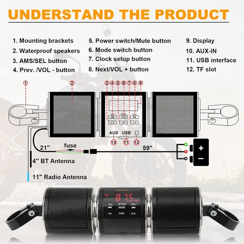 Vista 2 de Sistemas de altavoces para motocicleta BT impermeables, altavoces estéreos, montaje de barra de 7/8-1.25 pulgadas con entrada AUX, USB, microSD