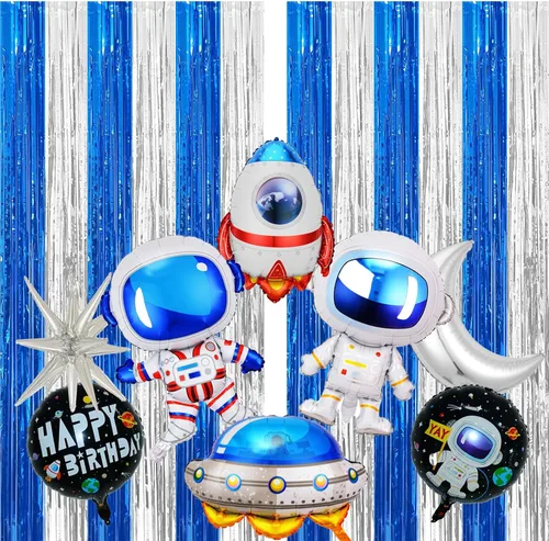 Vista 7 de Paquete de 2 cortinas de flecos de papel de aluminio azul y plateado, accesorios para cabina de fotos, telón de fondo de oropel para graduación