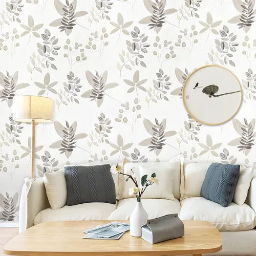 Vista 2 de Caltero Papel tapiz floral beige para despegar y pegar, papel tapiz de hojas de eucalipto de oliva de 17.3 pulgadas, 98.4 pies, papel de contacto