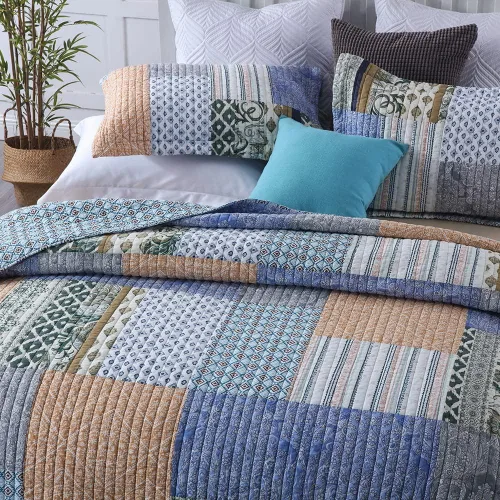 Vista 7 de VISIMISI - Juego de colchas de algodón, juego de cubrecama reversible con 3 piezas, edredón de mosaico bohemio azul, colcha con patrón de paisley