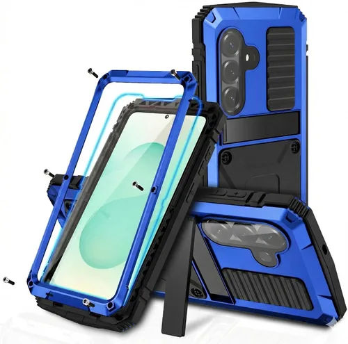 Vista 16 de Funda de metal para Samsung S22 5G con función atril, protector de pantalla integrado, resistente armadura militar duradera, cuerpo completo Negro