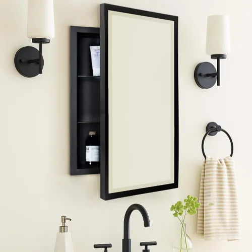 Vista 10 de TEHOME Botiquín de Medicina de Baño Empotrado con Marco de Metal Dorado con Espejo Biselado Rectangular Inclinable Espejos de Tocador para Pared 16