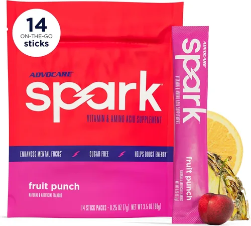 Vista 24 de AdvoCare Spark Energy & Focus, sin azúcar, frambuesa azul, 14 barras Suplemento de vitaminas y aminoácidos, fórmula sin azúcar que apoya la energía