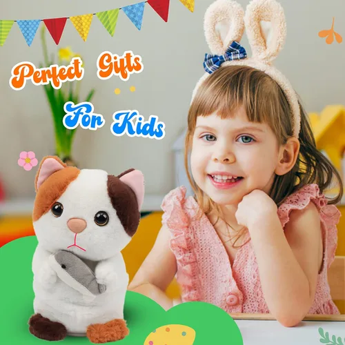 Vista 6 de Hopearl Gatito parlante repite lo que dices, gato con pez, juguete animado interactivo eléctrico, juguete de peluche para niños pequeños, 7 pulgadas