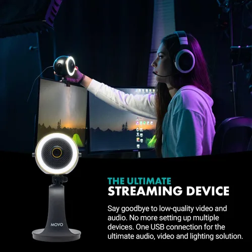 Vista 2 de Movo WebMic HD Pro - Cámara web todo en uno con micrófono y anillo de luz, cámara HD de 1080p, micrófono de condensador cardioide profesional