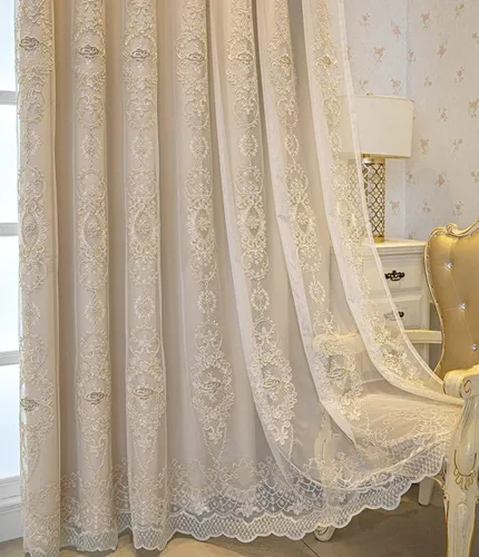 Vista 3 de Cortinas de oscurecimiento de habitación de doble capa con superposición transparente bordada para dormitorio, cortinas con ojales, cenefa adjunta