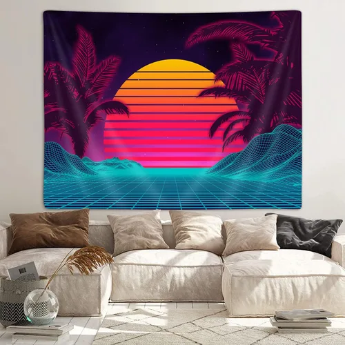 Vista 5 de Tapiz retro de onda de vapor de neón para el dormitorio de los hombres, tapices de arte de montaña trippy fresco para colgar en la pared