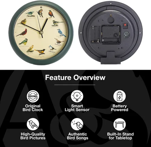 Vista 3 de Mark Feldstein, The Original Singing Bird Clock, 8 pulgadas, verde
