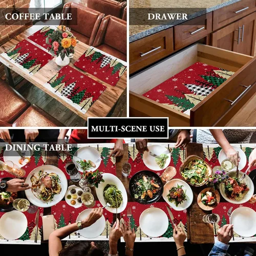 Vista 5 de Juego de 4 manteles individuales de árbol de Navidad, mantel rojo para decoración de mesa de comedor, manteles lavables de lino de algodón a cuadros