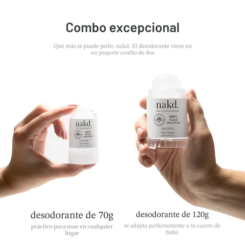 Vista 2 de nakd. Thai Crystal Deodorant Stone – 2 barras desodorantes de cristal de sal, 4.25 oz. Regular + 2.5 oz. Tamaño de viaje, totalmente natural, sin