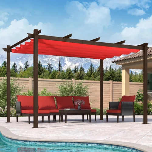 Vista 15 de PURPLE LEAF Pérgola de 10 x 12 pies con toldo retráctil, pérgola cuadrada de bronce de aluminio para patio al aire libre, junto a la piscina, beige