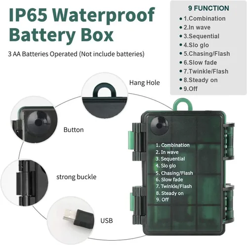 Vista 2 de Green Convenience - Guirnalda de luces de Navidad de 33 pies con 100 luces LED y función de memoria de temporizador, a baterías o USB, resistente al