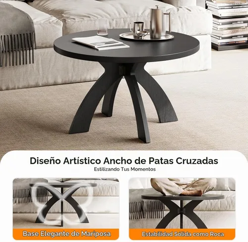 Vista 5 de VINGLI Mesa de centro redonda de 31.5 pulgadas con patas cruzadas, mesa de centro de madera, color negro