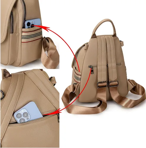 Vista 4 de VONCOSS Mini mochila de moda para mujer, mochila pequeña, multibolsillos, convertible, bolsa de hombro, Caqui, Mochilas Daypack