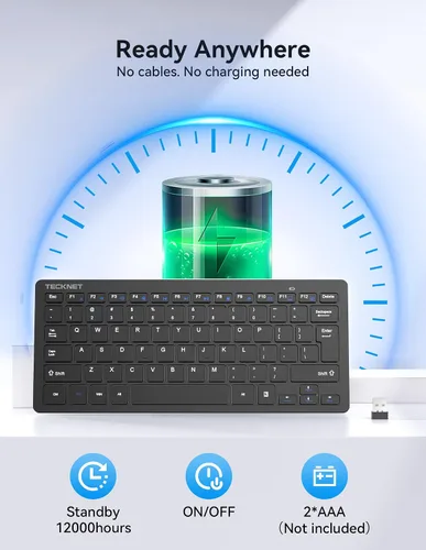 Vista 5 de TECKNET Teclado inalámbrico 2.4G, mini teclado compacto con teclas rápidas multimedia, duración de la batería de 12 meses, compatible con PC Negro