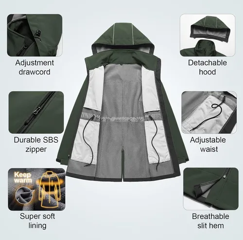 Vista 5 de CREATMO US Chaqueta táctica ligera impermeable larga Softshell con forro polar cortavientos para mujer