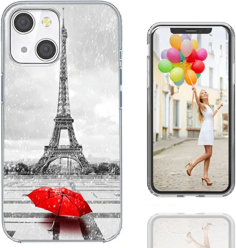 Vista 4 de Funda para iPhone 14/13, funda transparente de TPU suave de ajuste delgado con diseño de paraguas rojo de la torre Eiffel de París, a prueba de Una