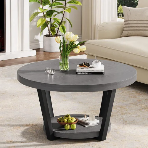 Vista 3 de Mesa de centro redonda con estante de almacenamiento, mesa central de madera de 2 niveles, muebles industriales modernos de sala de estar, gris