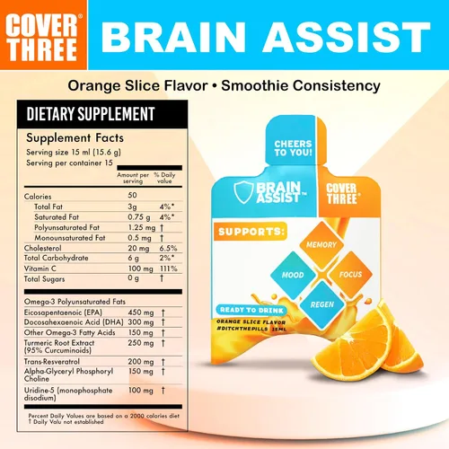 Vista 2 de Cover Three Suplemento cerebral para ayudar al cerebro, suplemento nutricional de enfoque con curcumina, uridina, fórmula líquida de apoyo cerebral