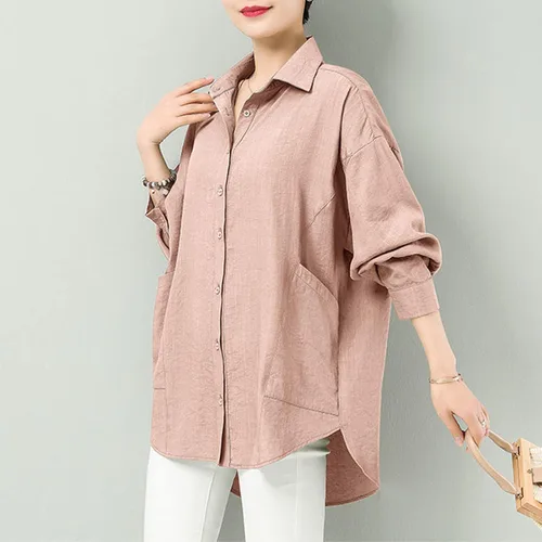 Vista 4 de Pantete Camisas con botones para mujer con bolsillos laterales grandes blusas de algodón liso de manga larga