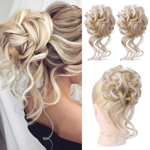 Vista 20 de HOOJIH 2 piezas de extensiones de cabello estilo moño despeinado, extensiones de cabello rizado y ondulado con tiras, cola de caballo, horquillas